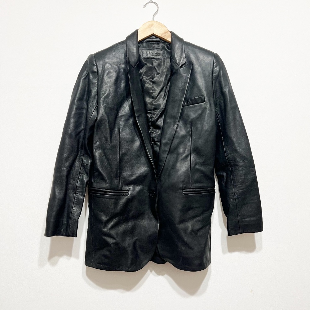 SPRWMN Women's Genuine Leather One Button Blazer Jacket Solid Black XS